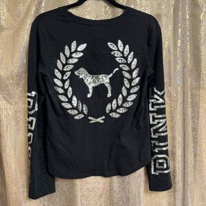PINK Victorias Secret Black Long Sleeve Silver Sequin Bling Logo Top XS‎
